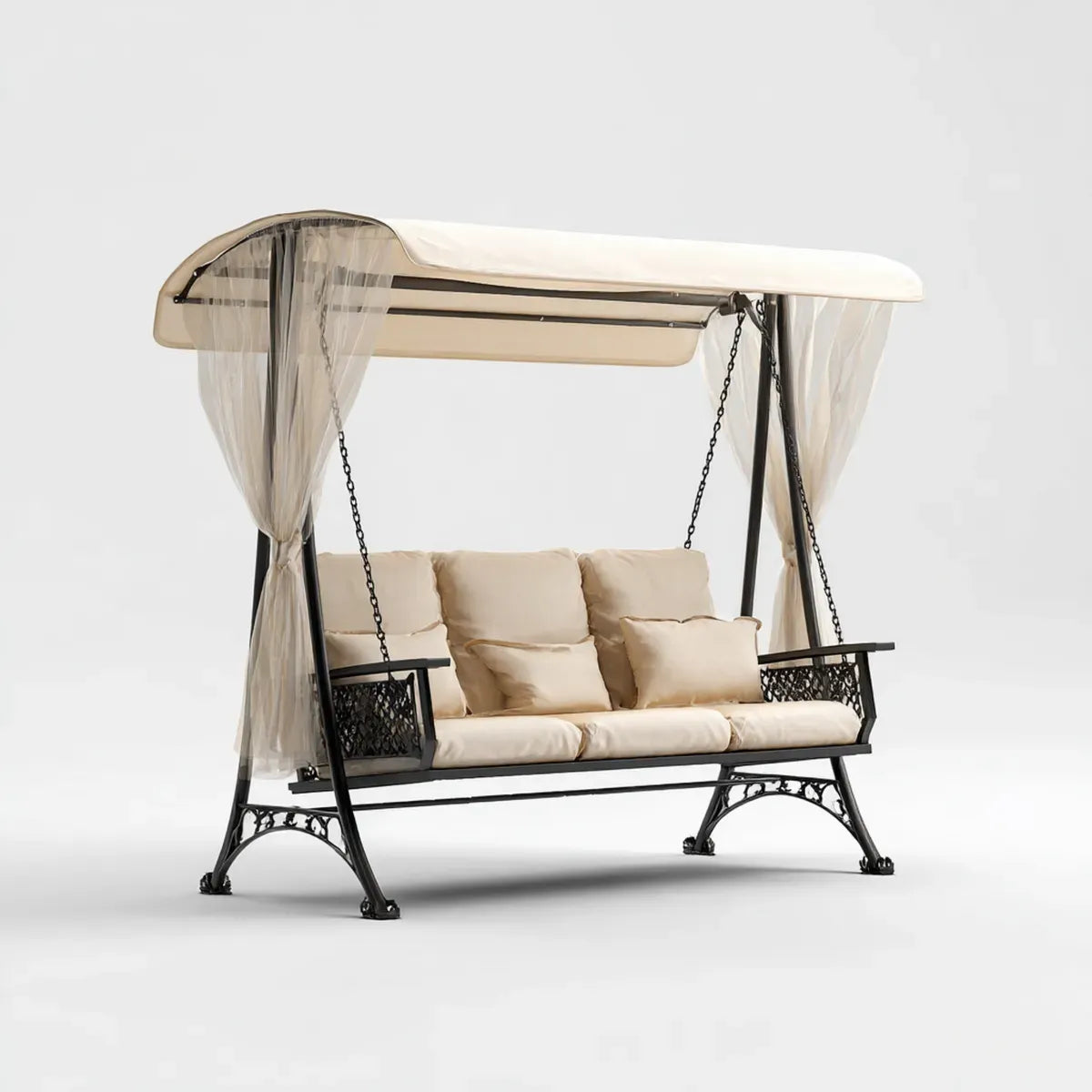 Balancelle de jardin 3 places beige et noire en acier avec toit pare-soleil 200 x 120 x 190 cm