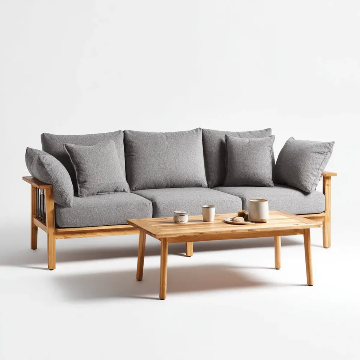 Ensemble canapé de jardin 3 places avec table basse gris et bois d’acacia 210 x 80 x 78 cm