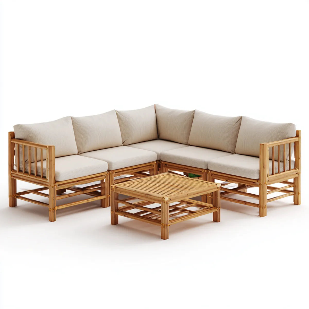 Salon de jardin d'angle 5 places 5 pièces beige en bambou massif 200 x 200 cm
