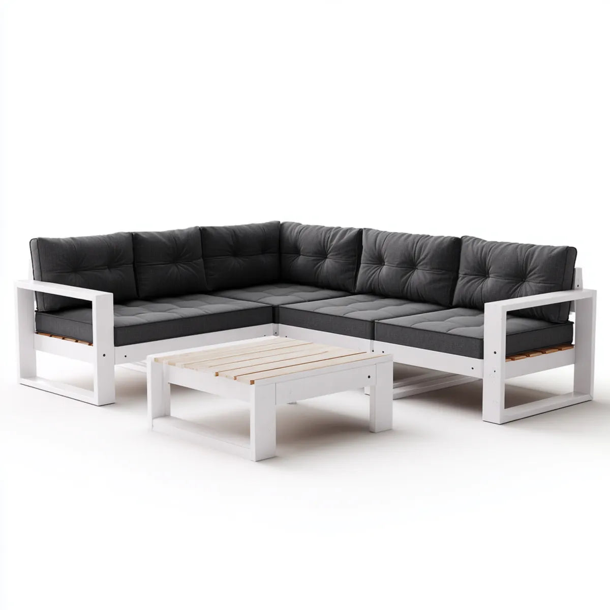 Salon de jardin d'angle 5 places blanc et anthracite en pin massif avec table basse 230 x 230 cm