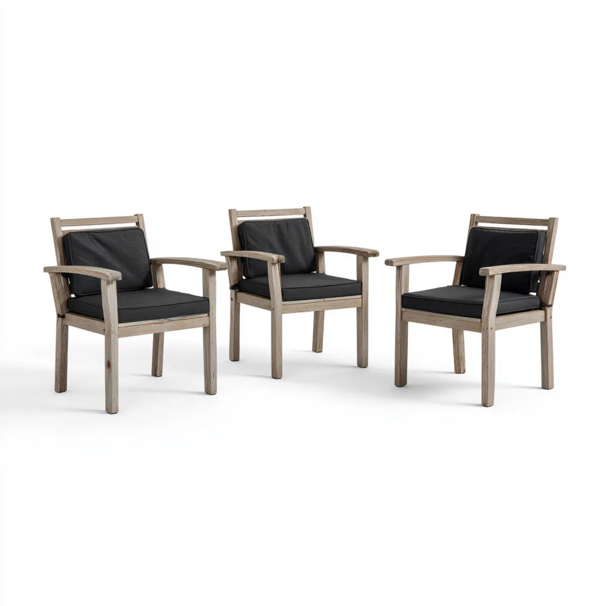 Lot de 3 fauteuils de jardin bois d’acacia naturel noir avec coussins 60 x 65 x 90 cm dossier rectangulaire