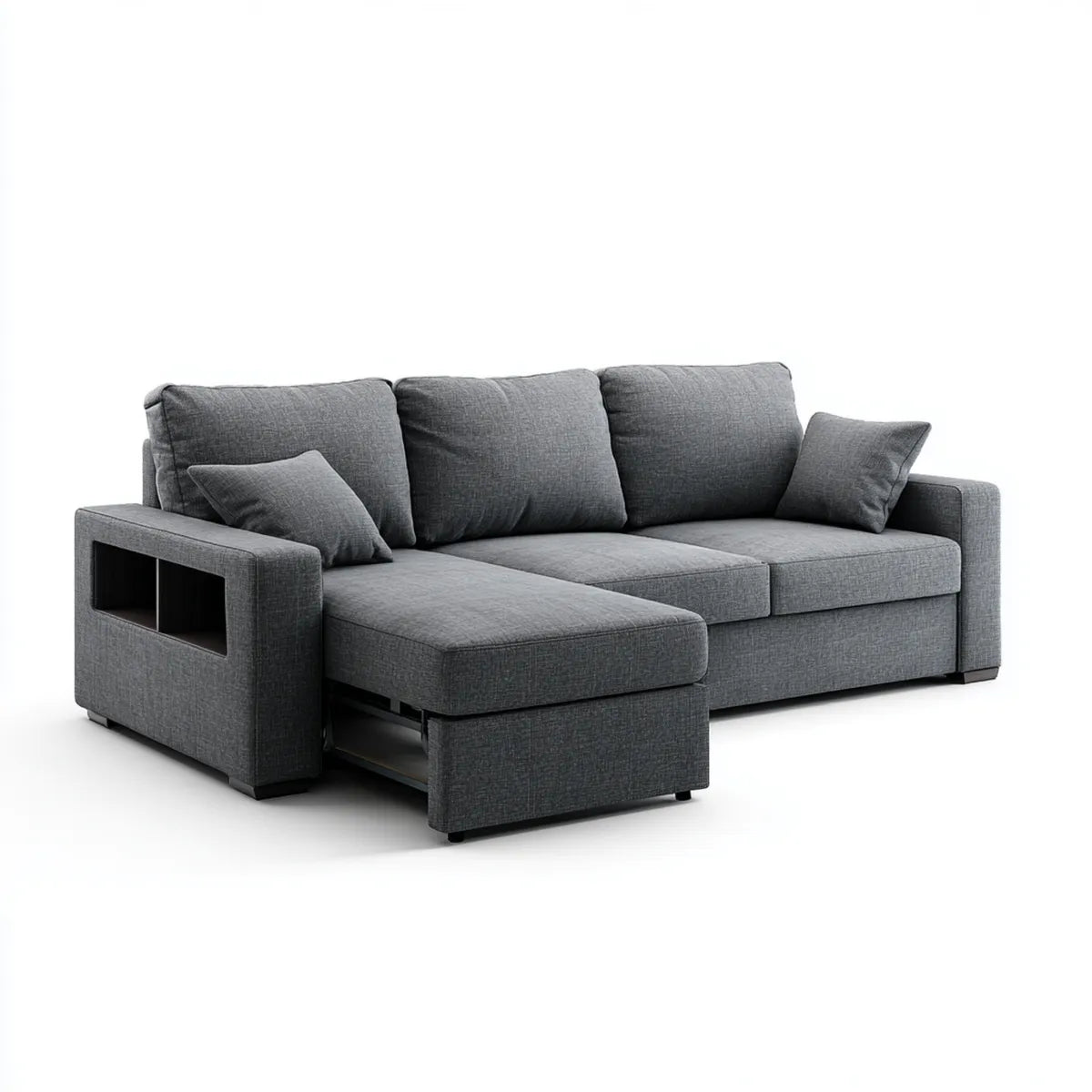 Canapé d'angle gauche 3 places gris anthracite avec méridienne rangement et accoudoir étagère 245 x 155 x 88 cm en polyester
