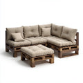 Salon de jardin d’angle 3 places avec pouf beige et marron en pin massif 240 x 180 x 70 cm