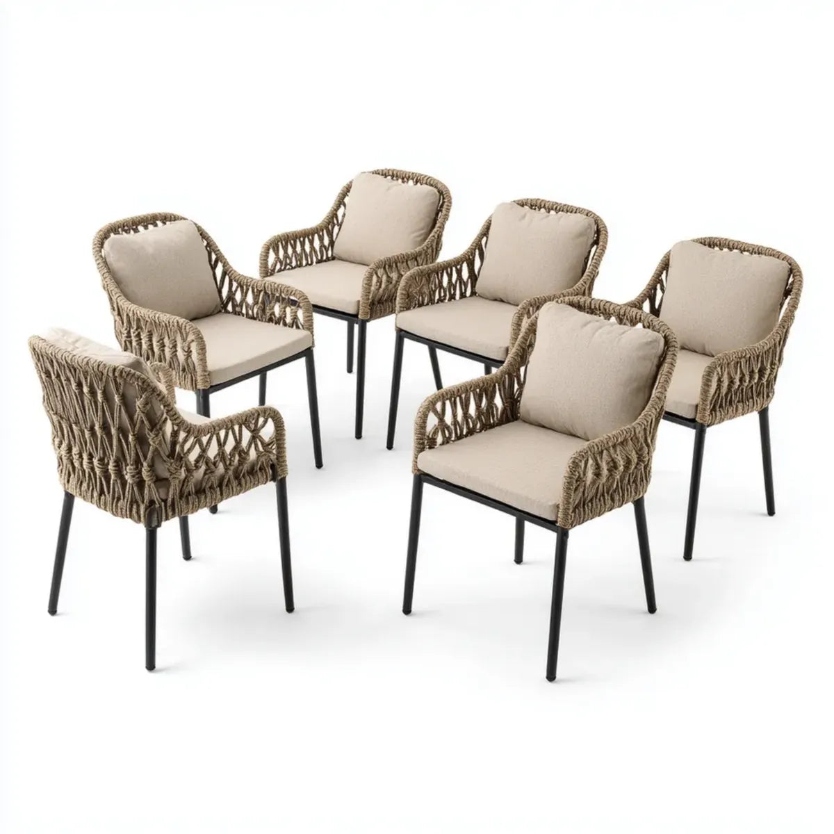 Lot de 6 fauteuils de jardin beige et noir 57 x 60 x 83 cm en corde polypropylène et acier forme arrondie