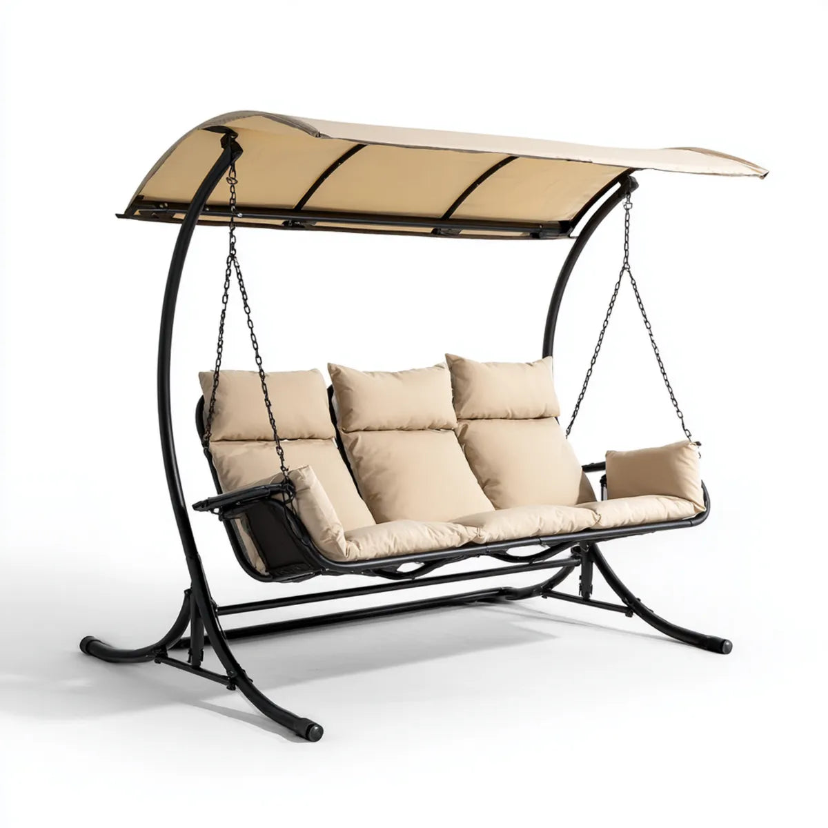 Balancelle de jardin 3 places beige et noire avec auvent en polyester 220 x 125 x 175 cm